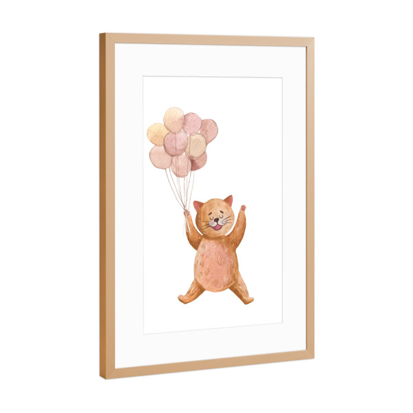 Poster mit Rahmen Kupfer "Nette Katze mit Luftballons" artboxONE - Für Kinder,Tiere,Lustig