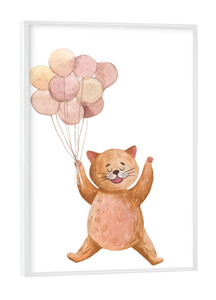 Poster mit weißem Rahmen "Nette Katze mit Luftballons" artboxONE - Für Kinder,Tiere,Lustig