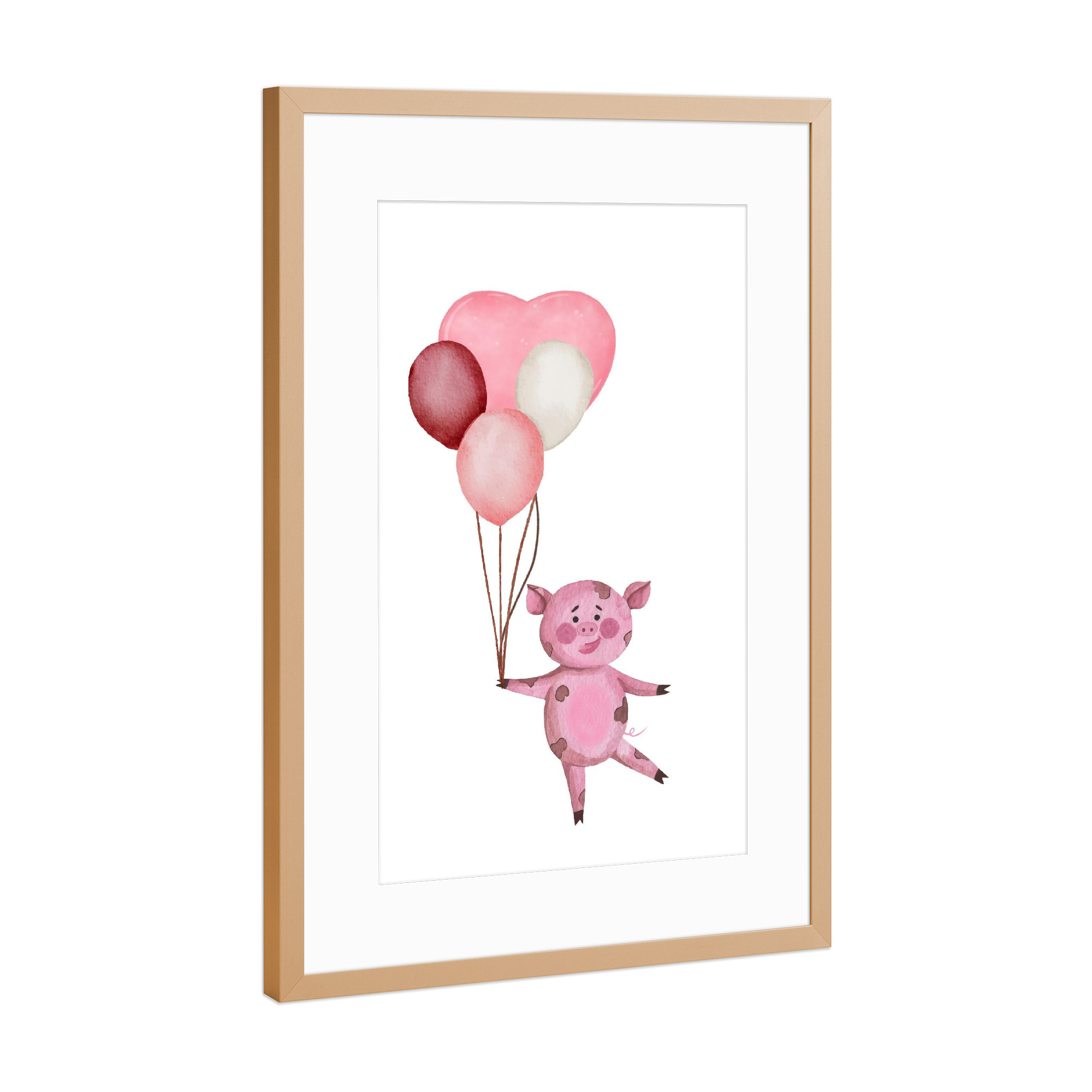 Poster mit Rahmen Kupfer "Nettes Schwein mit Luftballons" artboxONE - Für Kinder,Tiere