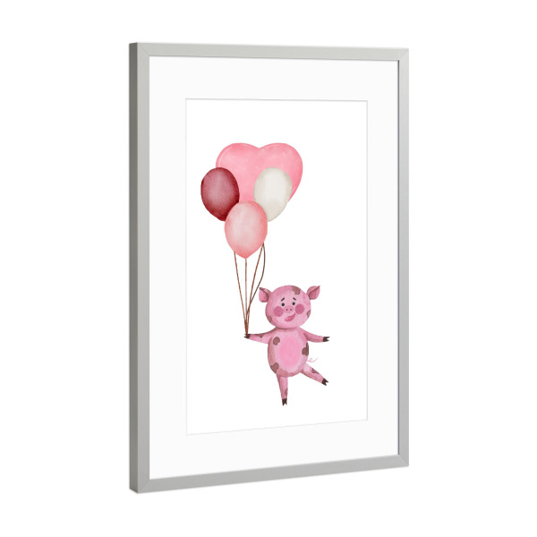 Poster mit Rahmen Silber "Nettes Schwein mit Luftballons" artboxONE - Für Kinder,Tiere