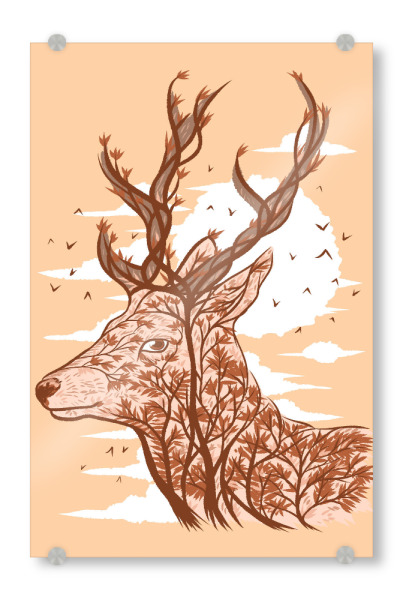 Acrylglasbild "Hirschzweige" artboxONE - Tiere - Zweige,Baum,Wald,Vögel,Natur,Rentier,Hirsch,Geweih,Sonne,Wolken,Landschaft,Doppelbelichtung