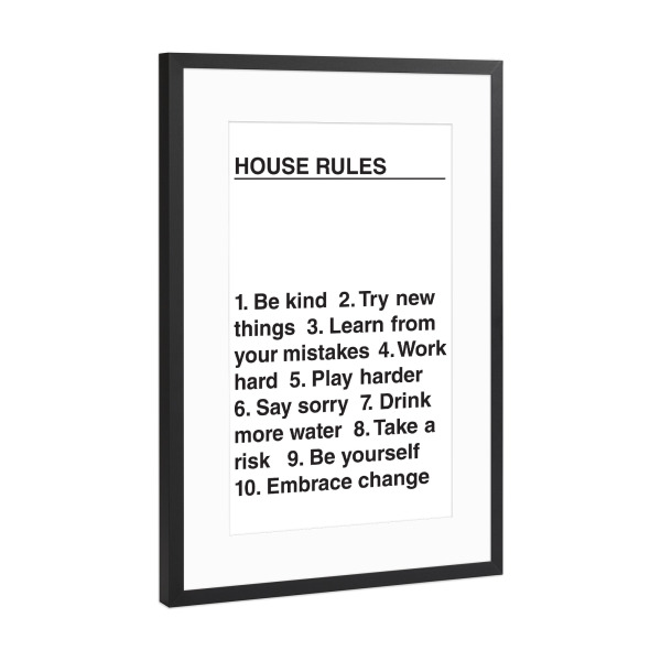 Poster mit Rahmen Schwarz (Metallic) "Hausregeln" artboxONE - Typografie - Hausregeln,Lebensregeln,Lebenszitat,Positiv,Sei freundlich,Typo,Typografie