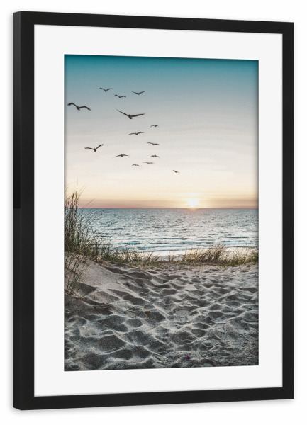 Poster mit Rahmen schwarz "Strand und Vögel" artboxONE - Natur,Reise,Tiere,Reise / Strand und Meer