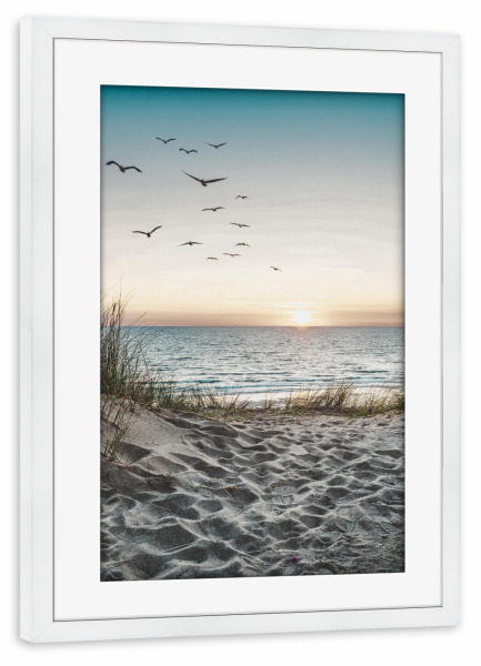 Poster mit Rahmen weiß "Strand und Vögel" artboxONE - Natur,Reise,Tiere,Reise / Strand und Meer