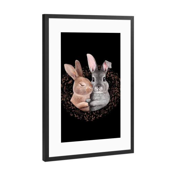 Poster mit Rahmen Schwarz (Metallic) "Hasenliebe" artboxONE - Floral,Für Kinder,Tiere,Liebe,Für Mama