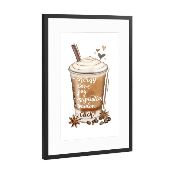 Poster mit Rahmen Schwarz (Metallic) "Kaffee-Zitat | Handgemalt" artboxONE - Essen & Trinken,Liebe,Buchstaben,Festivals,Lustig