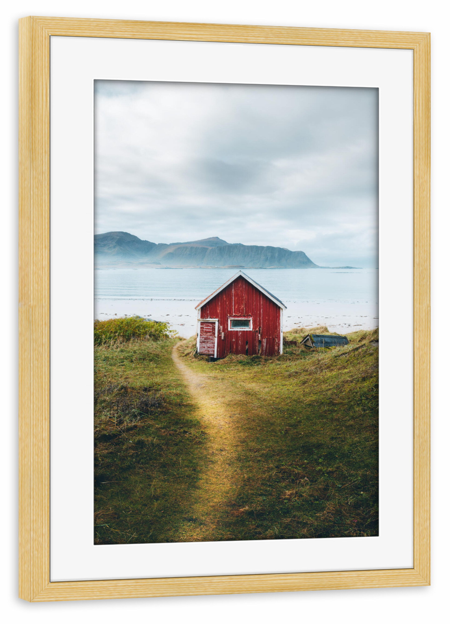 Poster mit Rahmen kiefer "Häuschen in Norwegen" artboxONE - Natur,Reise,Architektur - Haus,Gebäude,Architektur,Natur,Reise,Weg,Landschaft,Norwegen