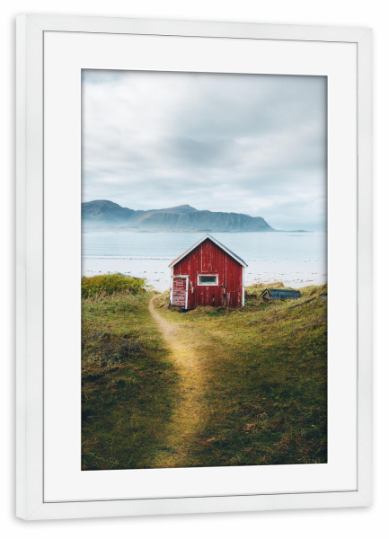 Poster mit Rahmen weiß "Häuschen in Norwegen" artboxONE - Natur,Reise,Architektur - Haus,Gebäude,Architektur,Natur,Reise,Weg,Landschaft,Norwegen