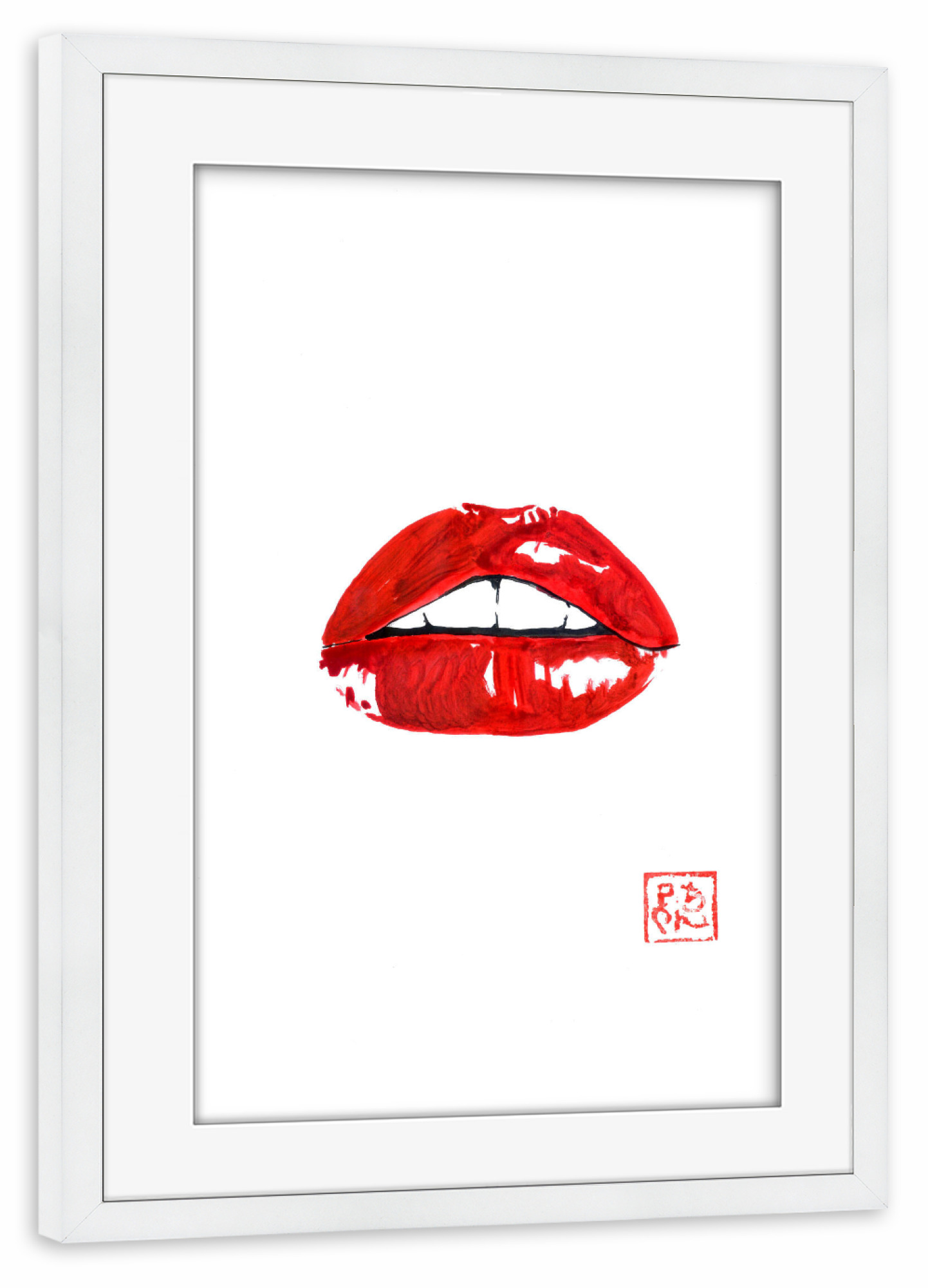 Poster mit Rahmen weiß "Rote Lippen" artboxONE - Menschen,Reise / Asien - Rot,Lippen,Sumie,Japan