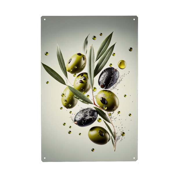 Metall Poster "Fresh Olives" artboxONE - Essen & Trinken,Für Mama,Für Papa - Olive,Oliven,Essen,Küche,Blatt,Frisch,Lecker,Olivenöl,Tropfen,Grün