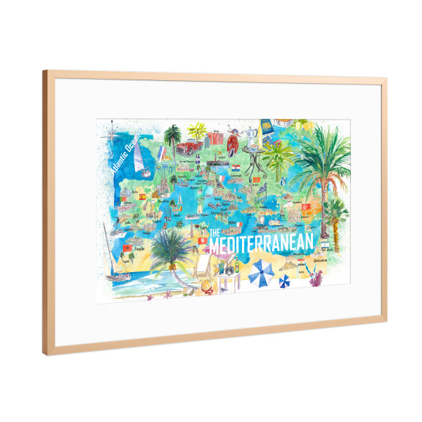 Poster mit Rahmen Kupfer "Illustrierte Mittelmeer Karte" artboxONE - Reise,Architektur,Reise / Strand und Meer,Reise / Länder,Kartografie