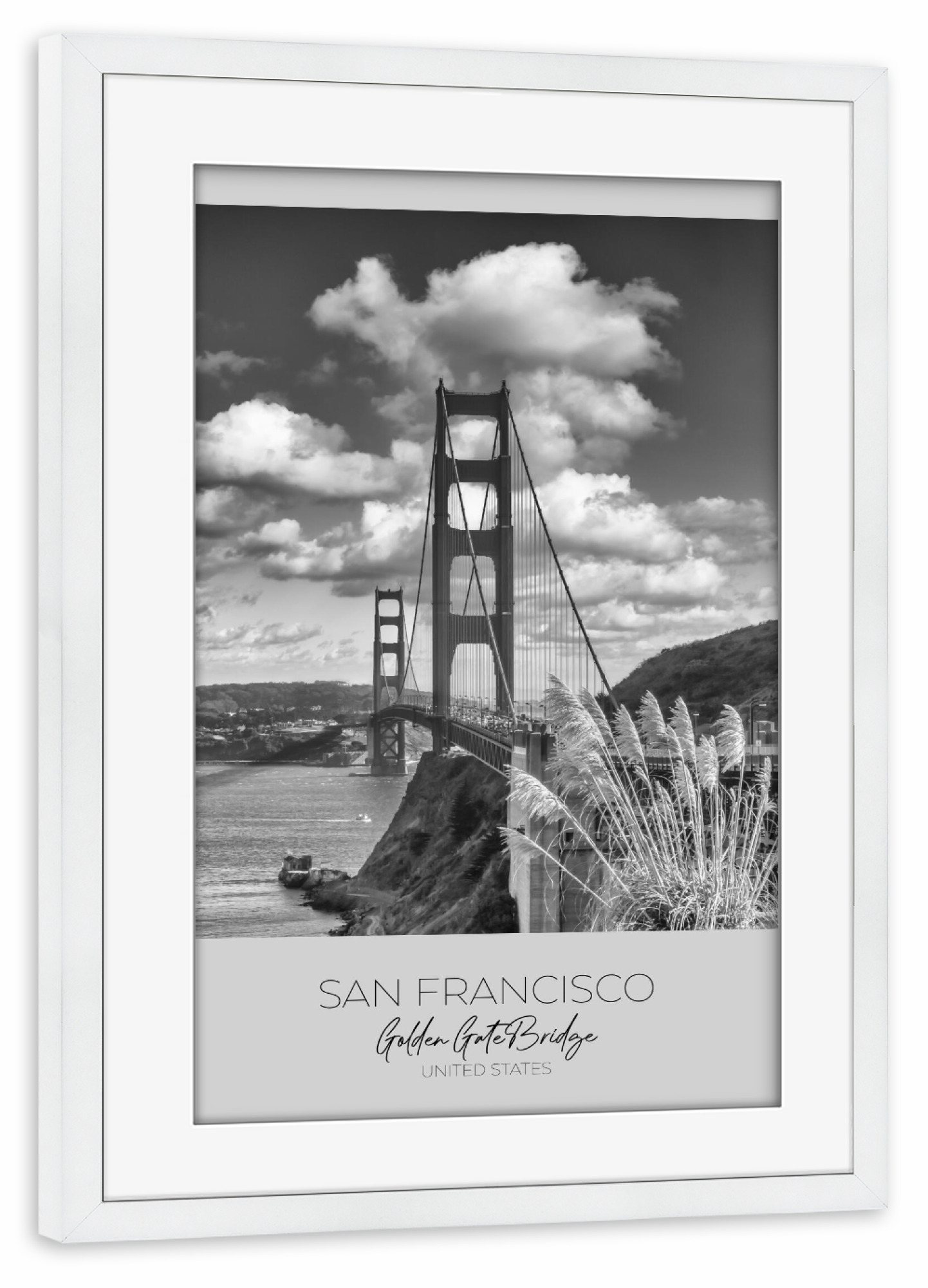 Poster mit Rahmen weiß "Im Fokus: Golden Gate Bridge" artboxONE - Schwarzweiß,Architektur,Städte / San Francisco