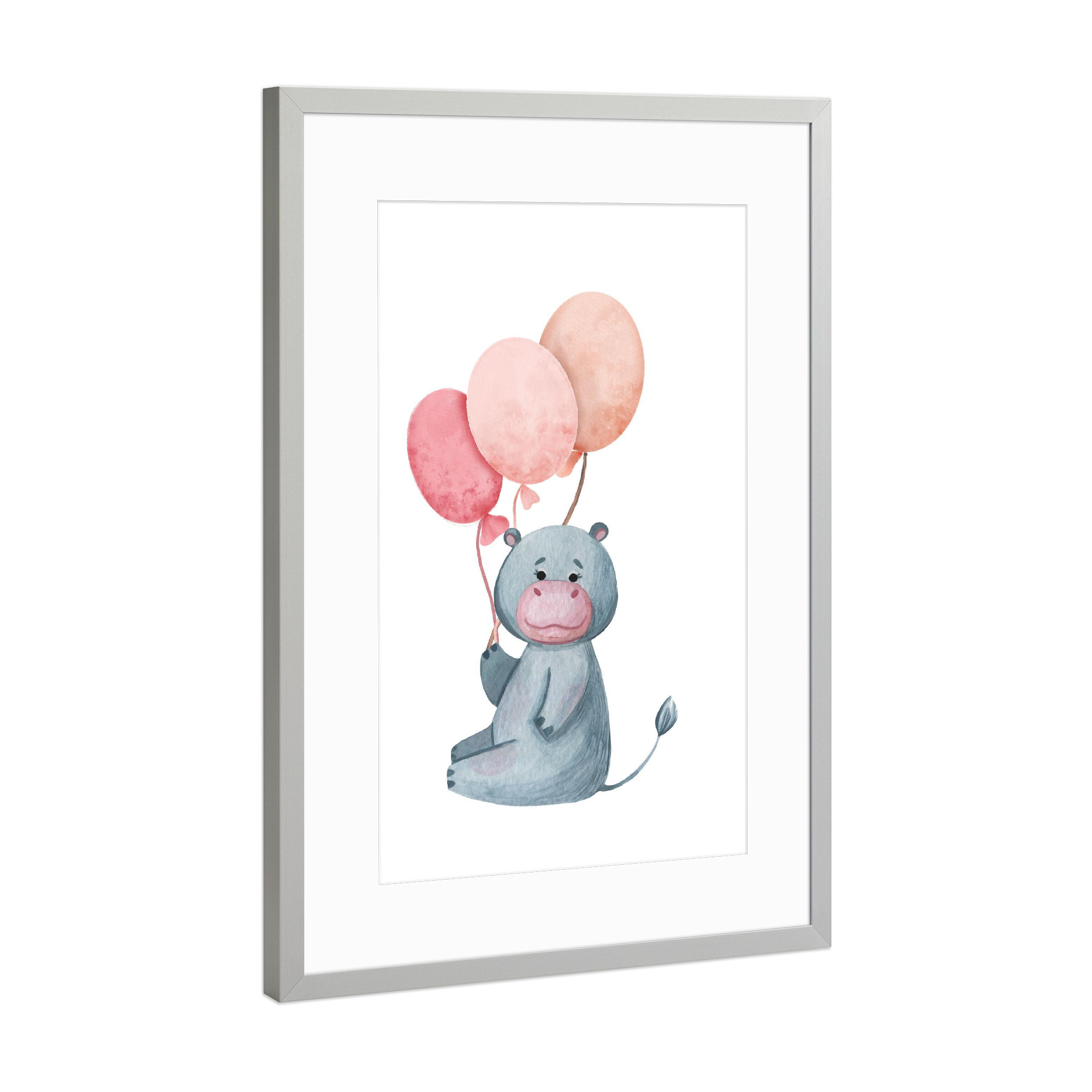 Poster mit Rahmen Silber "Nettes Flusspferd mit Luftballons" artboxONE - Für Kinder,Tiere