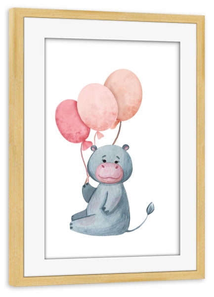 Poster mit Rahmen kiefer "Nettes Flusspferd mit Luftballons" artboxONE - Für Kinder,Tiere
