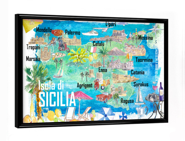Poster mit schwarzem Rahmen "Sizilien Italien Landkarte" artboxONE - Reise,Reise / Strand und Meer,Kartografie