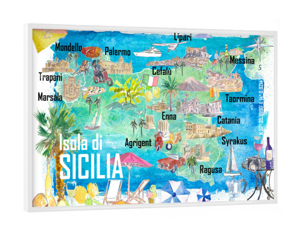 Poster mit weißem Rahmen "Sizilien Italien Landkarte" artboxONE - Reise,Reise / Strand und Meer,Kartografie