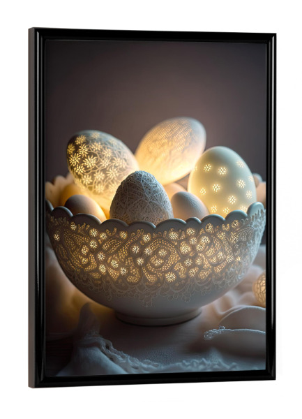 Poster mit schwarzem Rahmen "The Glowing Eggs" artboxONE - Für Mama - Ostern,Ei,Eier,Leuchten,Dekorativ,Deko,Chabby,Romantisch,Trechild