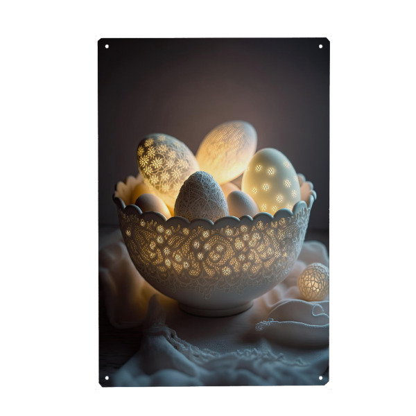 Metall Poster "The Glowing Eggs" artboxONE - Für Mama - Ostern,Ei,Eier,Leuchten,Dekorativ,Deko,Chabby,Romantisch,Trechild - Blechschild