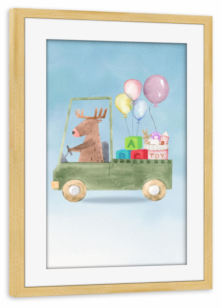 Poster mit Rahmen kiefer "Rentiere in einem Auto" artboxONE - Für Kinder,Tiere,Automobile