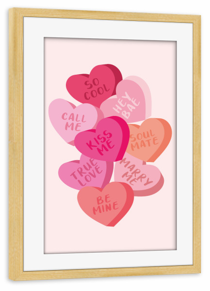 Poster mit Rahmen kiefer "Mutige Valentinsbonbons" artboxONE - Menschen,Liebe - Valentinstag,Valentinstag,Süßigkeiten,Herz,Gebrochenes herz,Liebe,Süß