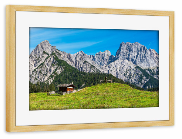 Poster mit Rahmen kiefer "Himmel, Berge, Wiese, Hütte" artboxONE - Natur,Reise