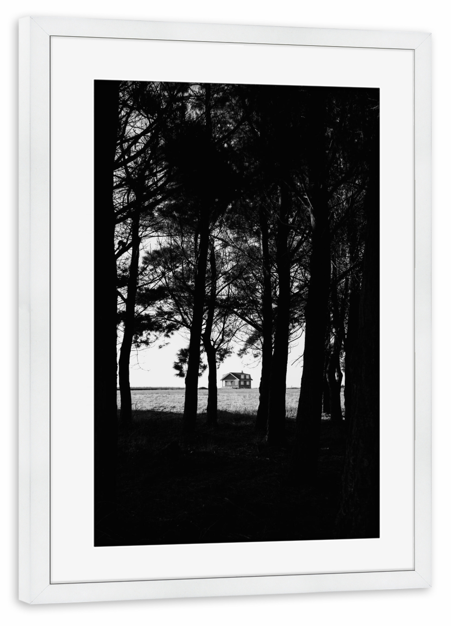 Poster mit Rahmen weiß "Das Haus hinter dem Wald" artboxONE - Natur,Reise,Reise / Länder - Wald,Natur,Haus,Spanien,Abstrakt,Minimal,Fineart,Moody