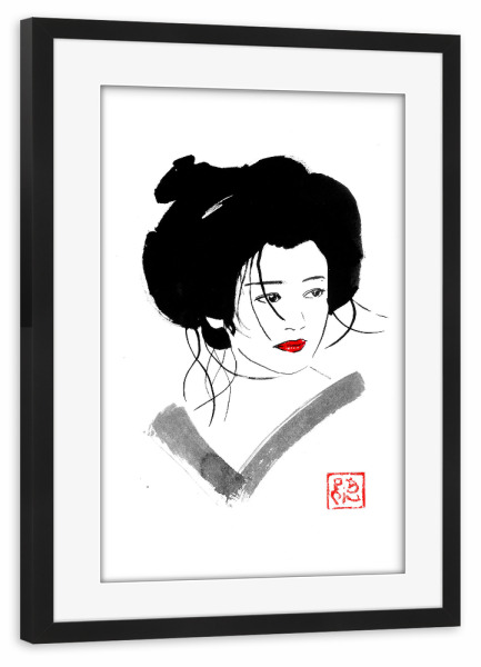 Poster mit Rahmen schwarz "Ungekämmte Geisha" artboxONE - Menschen,Schwarzweiß,Reise / Asien - Geisha,Sumie,Japan