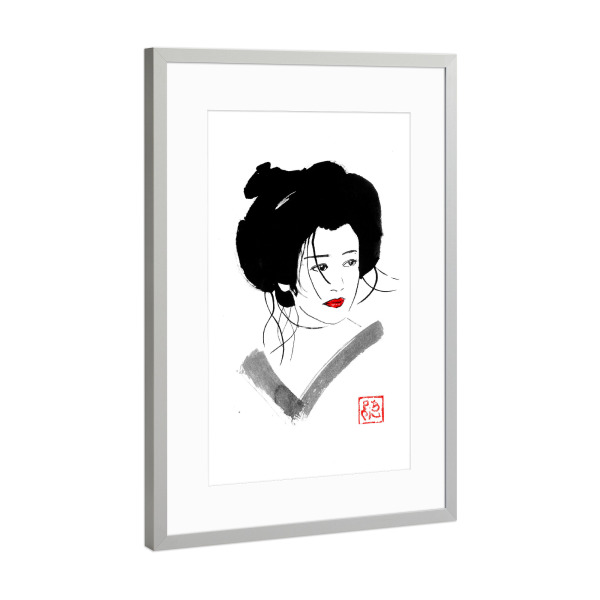 Poster mit Rahmen Silber "Ungekämmte Geisha" artboxONE - Menschen,Schwarzweiß,Reise / Asien - Geisha,Sumie,Japan