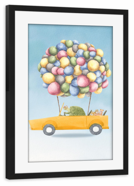 Poster mit Rahmen schwarz "Schildkröte in einem Auto" artboxONE - Für Kinder,Tiere,Automobile