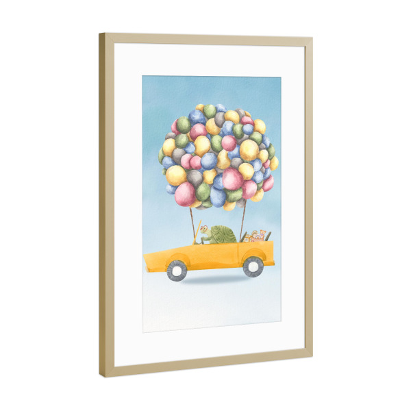 Poster mit Rahmen Gold "Schildkröte in einem Auto" artboxONE - Für Kinder,Tiere,Automobile