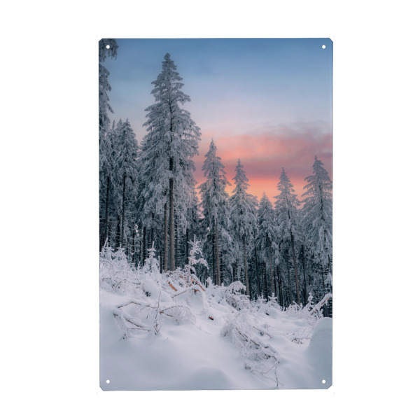 Metall Poster "Sonnenuntergang im Winterwald" artboxONE - Natur - Winter,Wald,Erzgebirge,Schnee,Frost,Kalt,Bäume,Tannenbaum,Natur,Landschaft