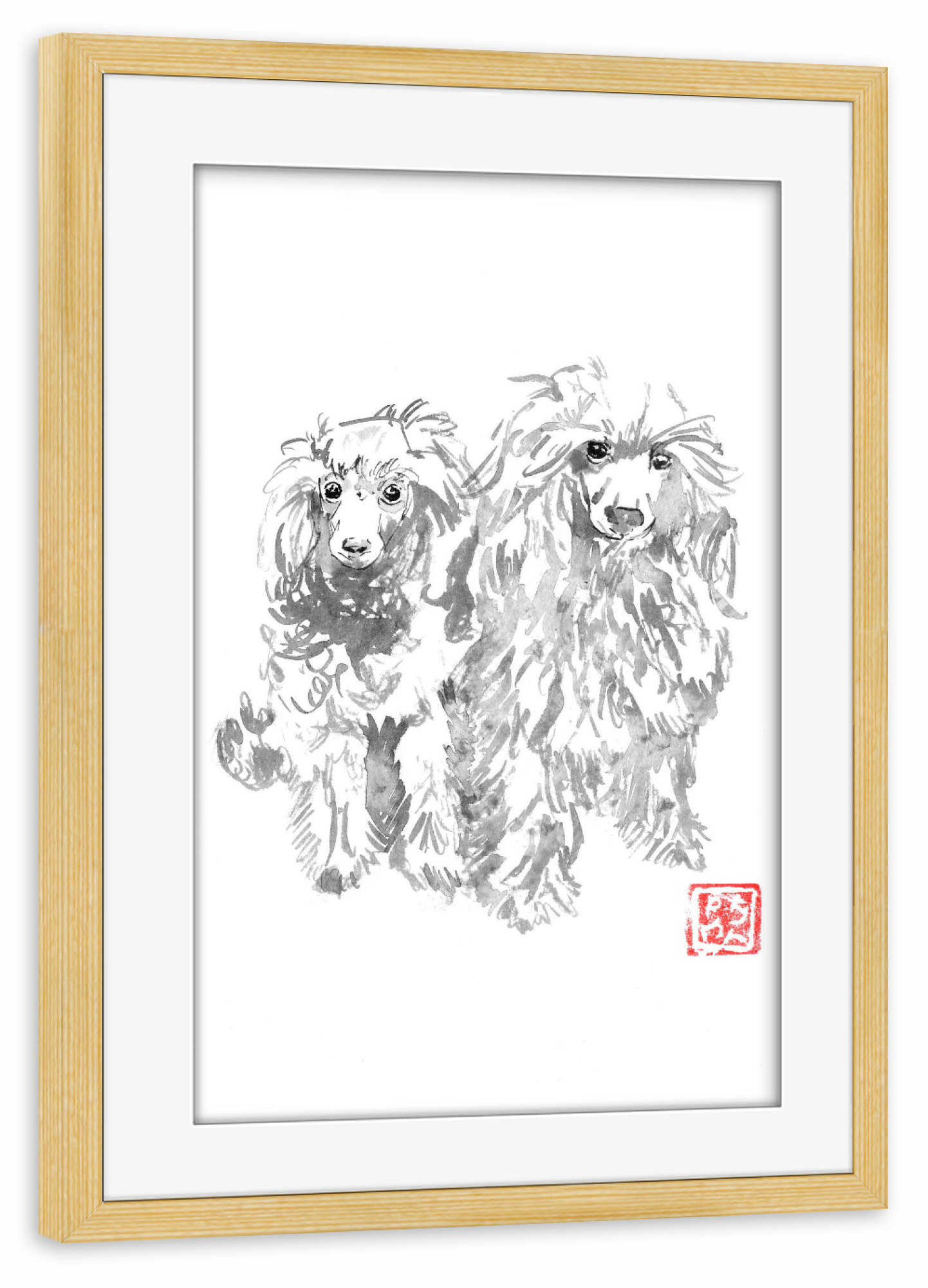 Poster mit Rahmen kiefer "2 Hunde" artboxONE - Tiere,Schwarzweiß - Hund,Sumie,Japan