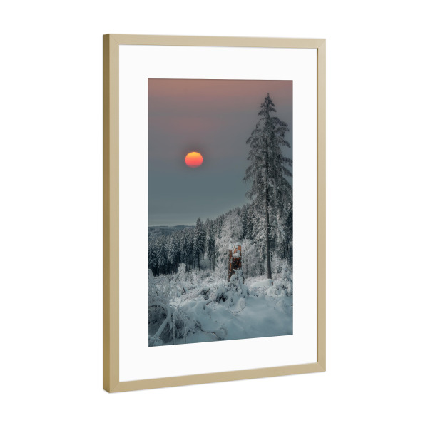 Poster mit Rahmen Gold "Winter Vibes" artboxONE - Natur - Winter,Sonne,Wald,Schnee,Eis,Frost,Erzgebirge,Tannenbaum,Kalt,Natur