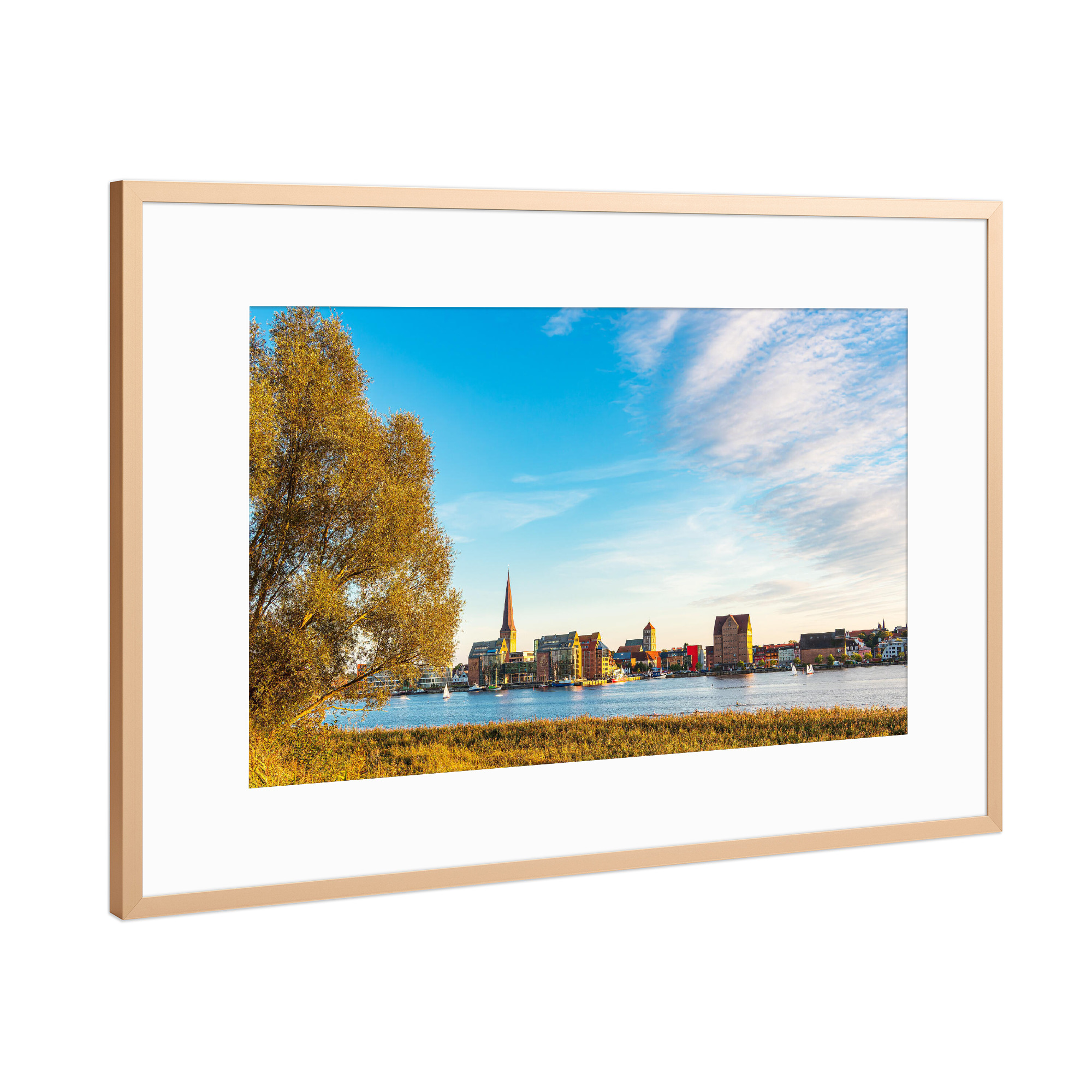 Poster mit Rahmen Kupfer "Baum, Schilf, Warnow, Rostock" artboxONE - Natur,Reise,Architektur,Städte / Weitere