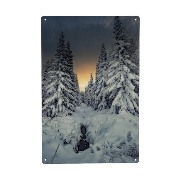 Metall Poster "Winterstimmung im Erzgebirge" artboxONE - Natur - Winter,Wald,Natur,Landschaft,Schnee,Frost,Eis,Kalt,Sonnenuntergang,Erzgebirge,Tanne