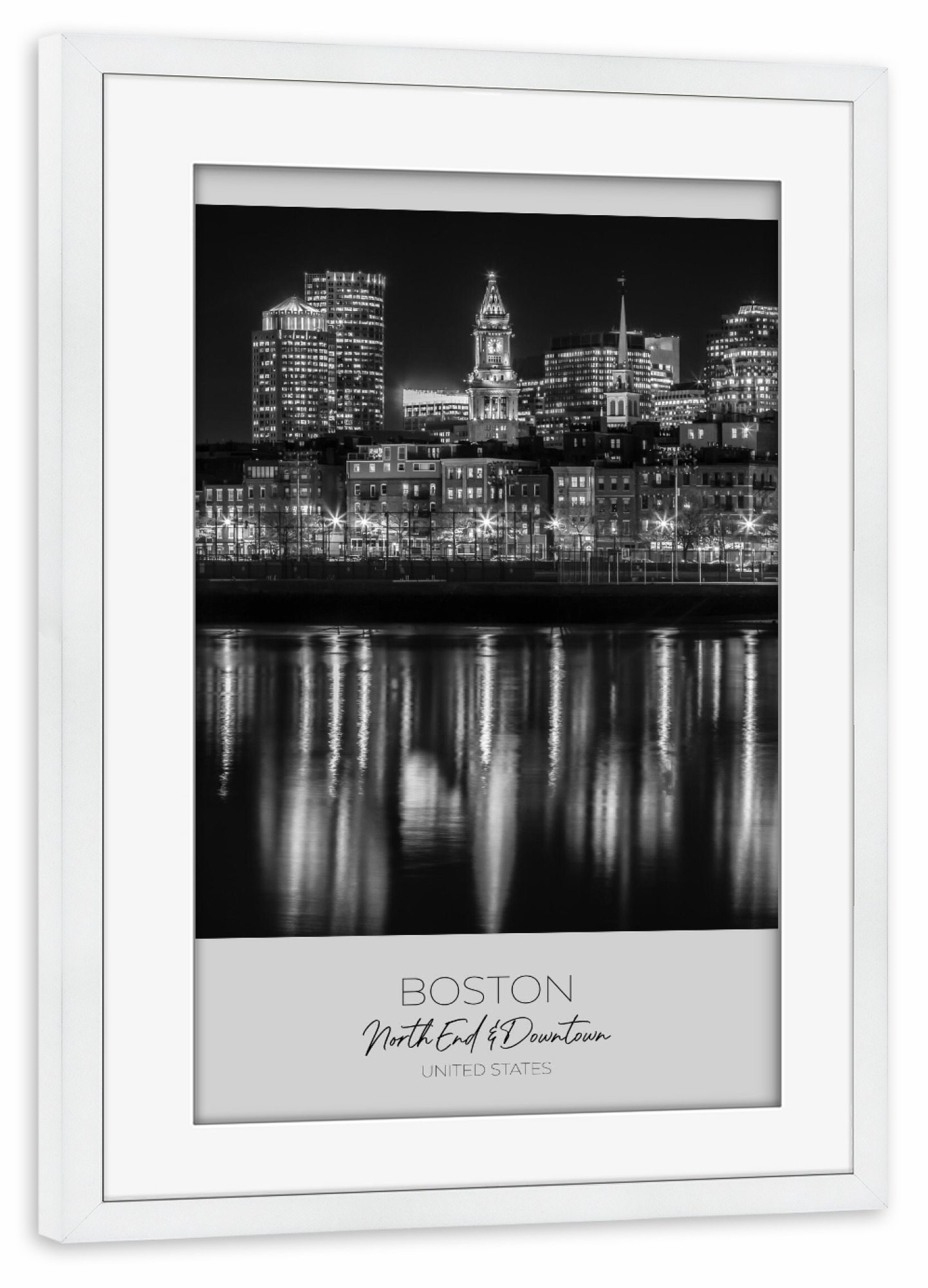 Poster mit Rahmen weiß "Im Fokus: BOSTON am Abend" artboxONE - Schwarzweiß,Architektur,Städte / Boston