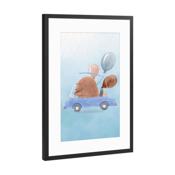 Poster mit Rahmen Schwarz (Metallic) "Bär in einem Auto" artboxONE - Für Kinder,Tiere
