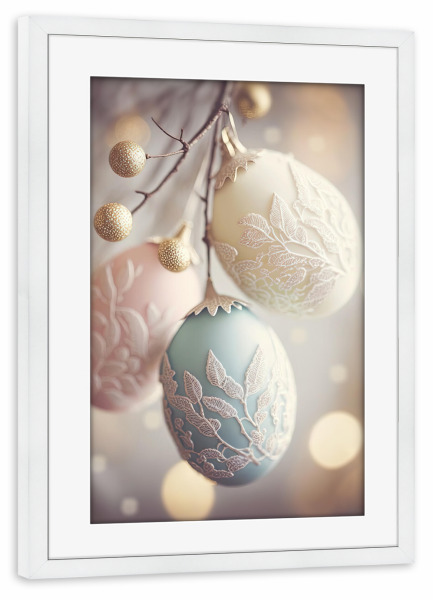Poster mit Rahmen weiß "Pastel Eggs" artboxONE - Floral,Für Mama - Ostern,Ei,Eier,Bokeh,Fotografie,Pastell,Pastelles,Verzierung,Treechild