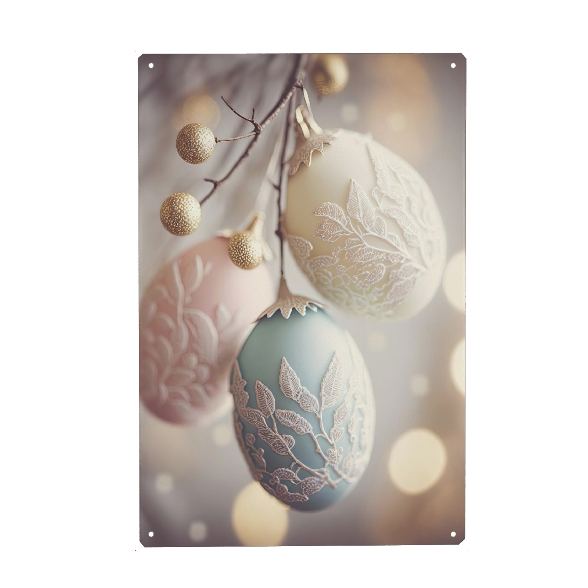 Metall Poster "Pastel Eggs" artboxONE - Floral,Für Mama - Ostern,Ei,Eier,Bokeh,Fotografie,Pastell,Pastelles,Verzierung,Treechild - Blechschild