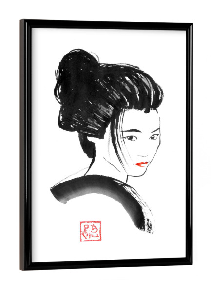 Poster mit schwarzem Rahmen "Rote Lippen-Geisha" artboxONE - Menschen,Schwarzweiß,Reise / Asien - Rote lippen,Geisha,Sumie,Japan