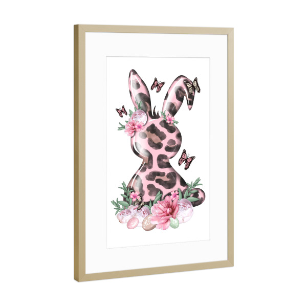 Poster mit Rahmen Gold "Rosa Kaninchen | Frohe Ostern" artboxONE - Floral,Tiere