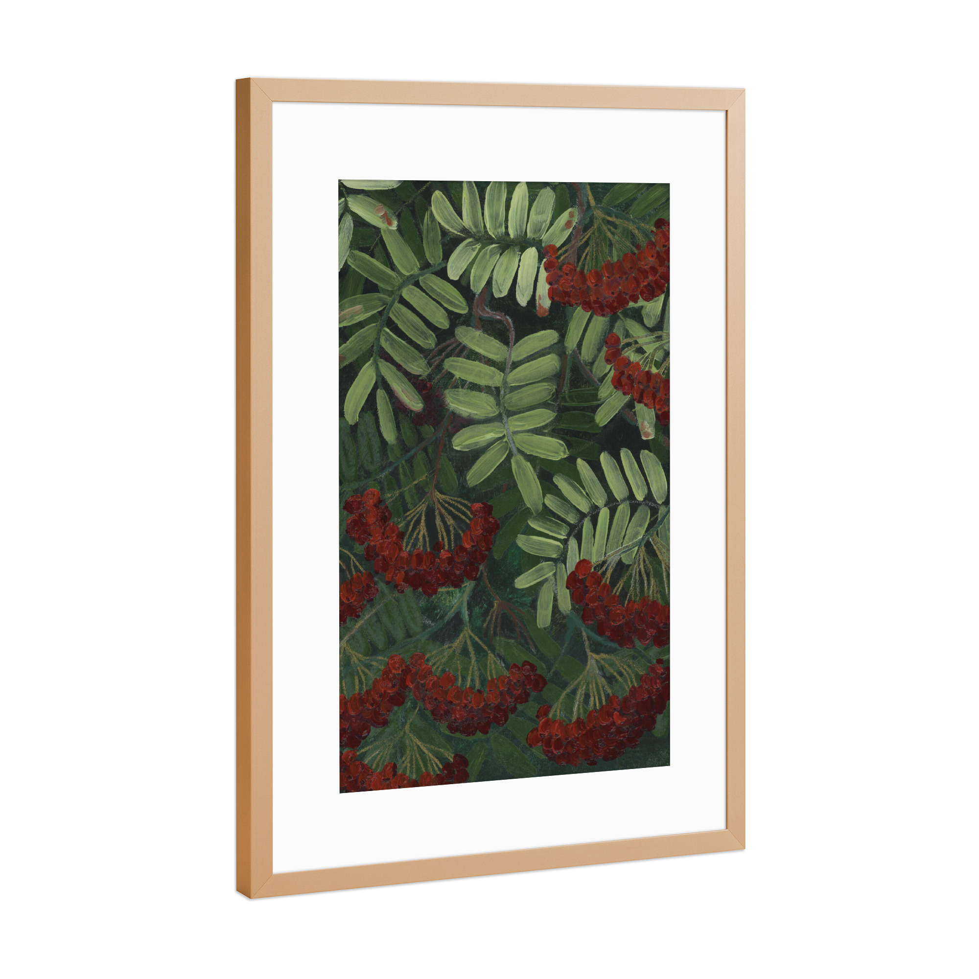 Poster mit Rahmen Kupfer "Vogelbeeren" artboxONE - Floral - Floral,Urlaub,Beeren,Rot,Grün,Zweig,Blätter,Malerisch,Striche,Ausdrucksstark