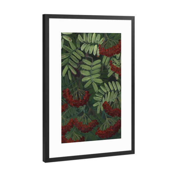 Poster mit Rahmen Schwarz (Metallic) "Vogelbeeren" artboxONE - Floral - Floral,Urlaub,Beeren,Rot,Grün,Zweig,Blätter,Malerisch,Striche,Ausdrucksstark