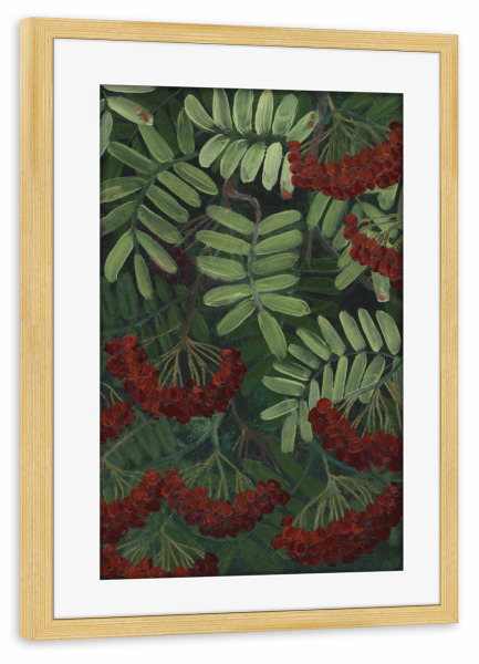 Poster mit Rahmen kiefer "Vogelbeeren" artboxONE - Floral - Floral,Urlaub,Beeren,Rot,Grün,Zweig,Blätter,Malerisch,Striche,Ausdrucksstark