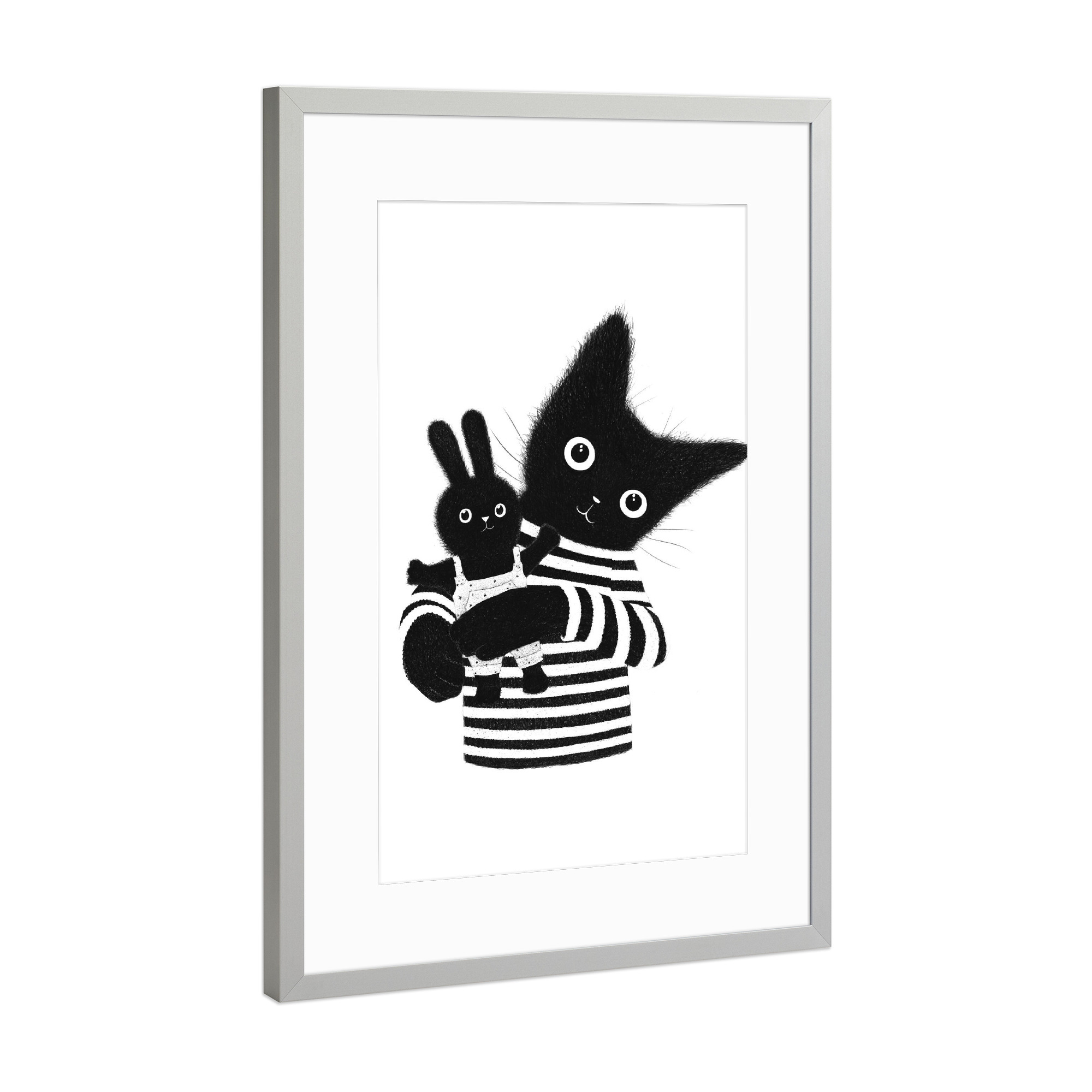 Poster mit Rahmen Silber "Katze und Kaninchen" artboxONE - Natur,Für Kinder,Tiere,Liebe,Für Mama