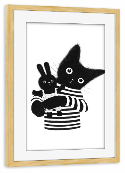 Poster mit Rahmen kiefer "Katze und Kaninchen" artboxONE - Natur,Für Kinder,Tiere,Liebe,Für Mama