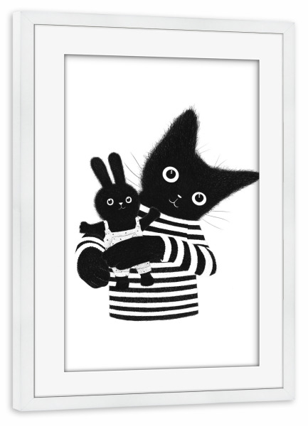 Poster mit Rahmen weiß "Katze und Kaninchen" artboxONE - Natur,Für Kinder,Tiere,Liebe,Für Mama