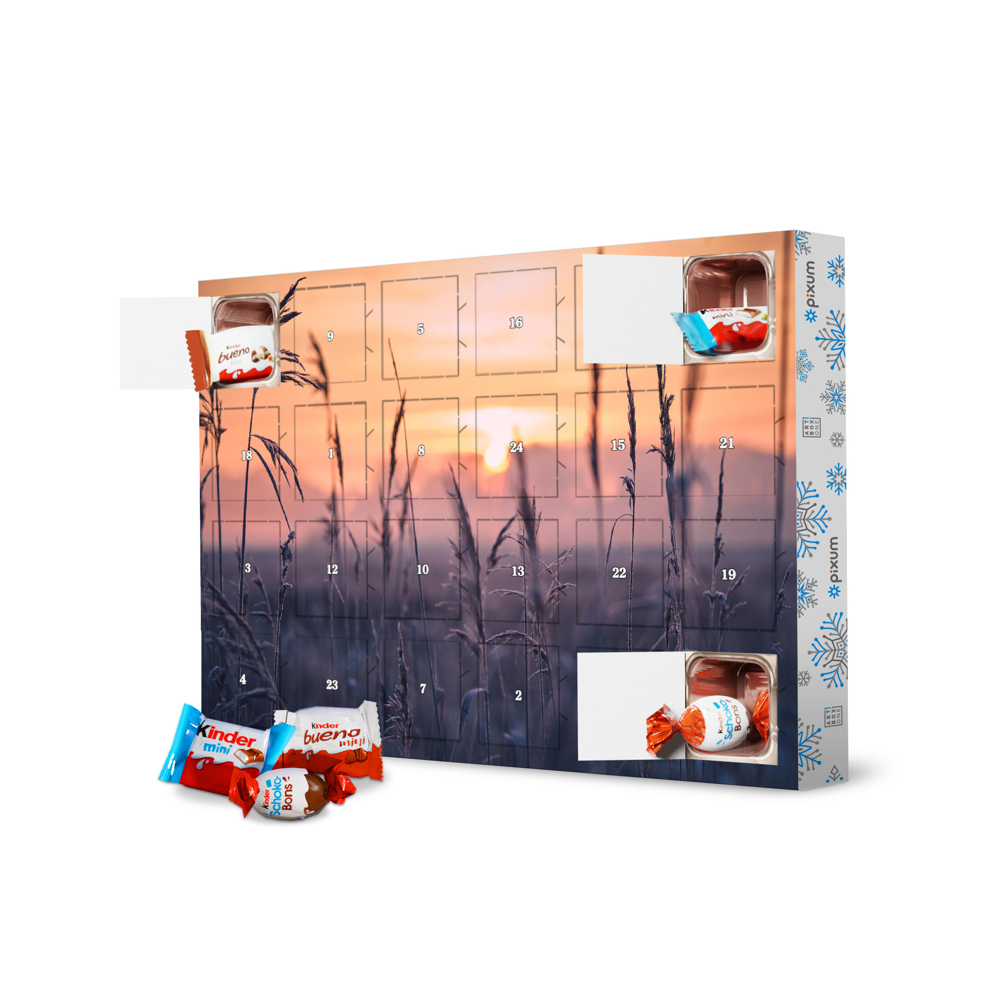 Adventskalender mit Produkten von Kinder Frost im Schilfgras am Morgen artboxONE Adventskalender Natur