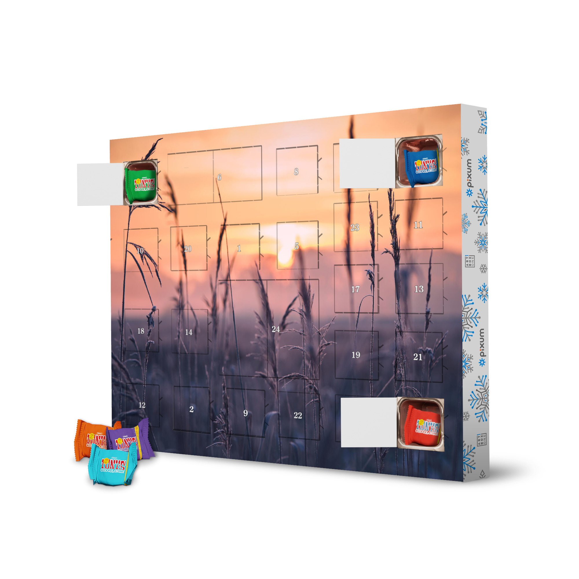 Adventskalender mit Tony's Chocolonely Frost im Schilfgras am Morgen artboxONE Adventskalender Natur