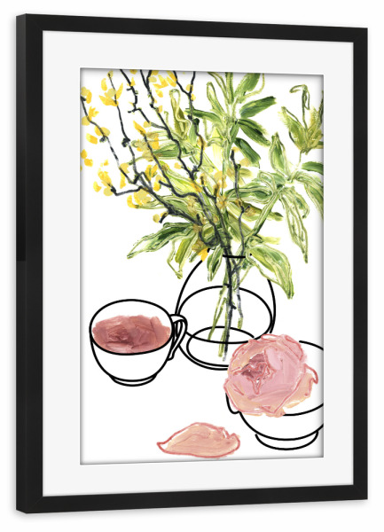 Poster mit Rahmen schwarz "Vase, Teetasse und Rose" artboxONE - Floral